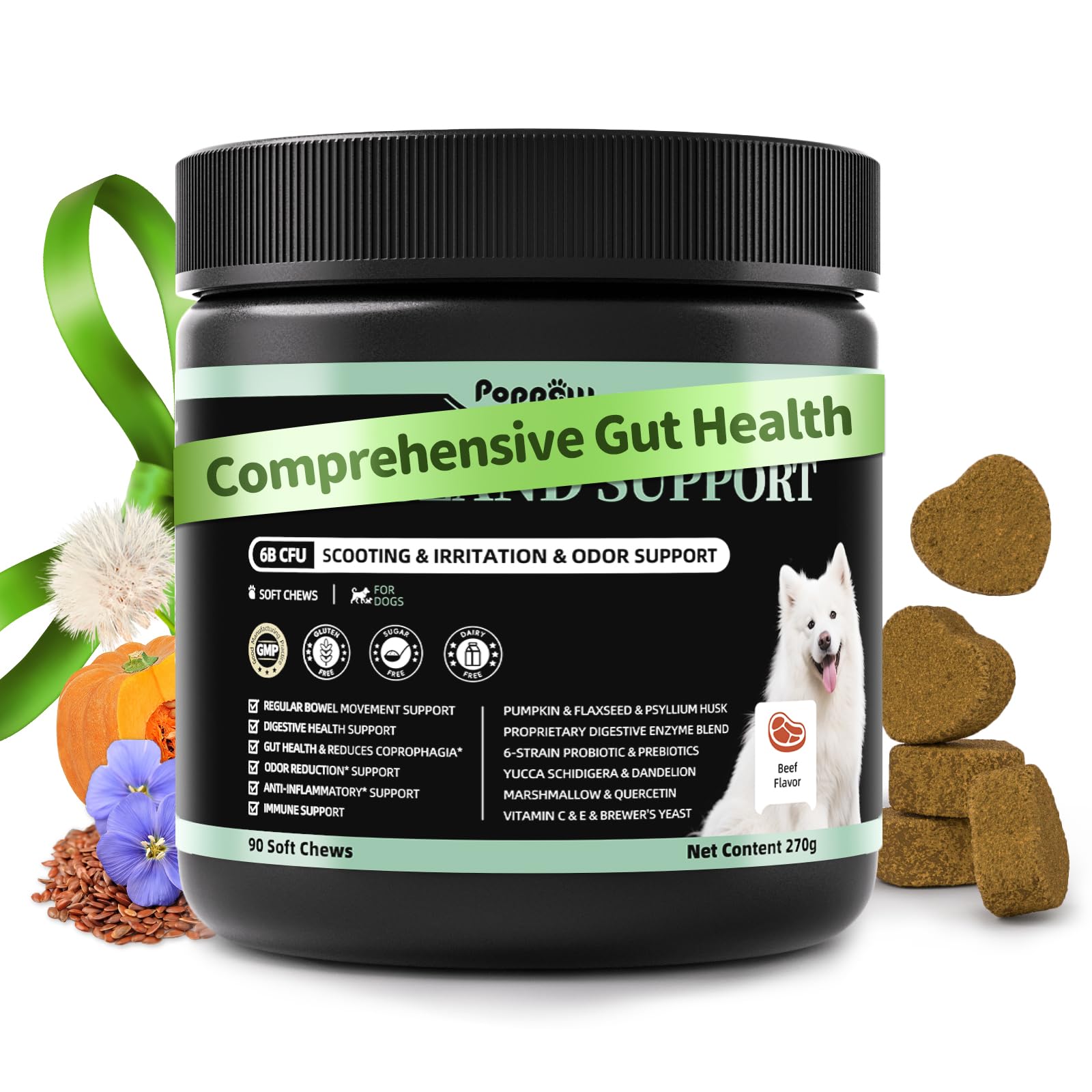 Curated visual reference: Fresh Look at Poppaw Dog Probiotics Digestive Enzymes Pumpkin Fiber Chews For Gut