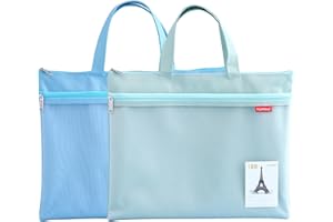 Pendancy Mesh Zipper Pouch 11x13.7 in, 2 pcs Large Double Pocket Waterproof File Bag with Handle, A4 Size Foldable Document Storage for Puzzle Project/Cross Stitch/Travel/Office（Blue Green）