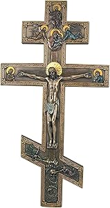 Religious Gifts 17 Inch Bronzed Marble Resin Orthodox Cross Crucifix Wall Plaque with Angels