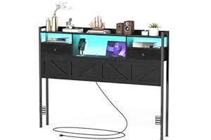 SANXUO Queen Size Headboard with Drawers, Outlets & USB Ports,Sturdy Wood Bed Frame with Adjustable Height, Built-in LED Lighting (Black, Queen 59 * 7.08 * 45.7)