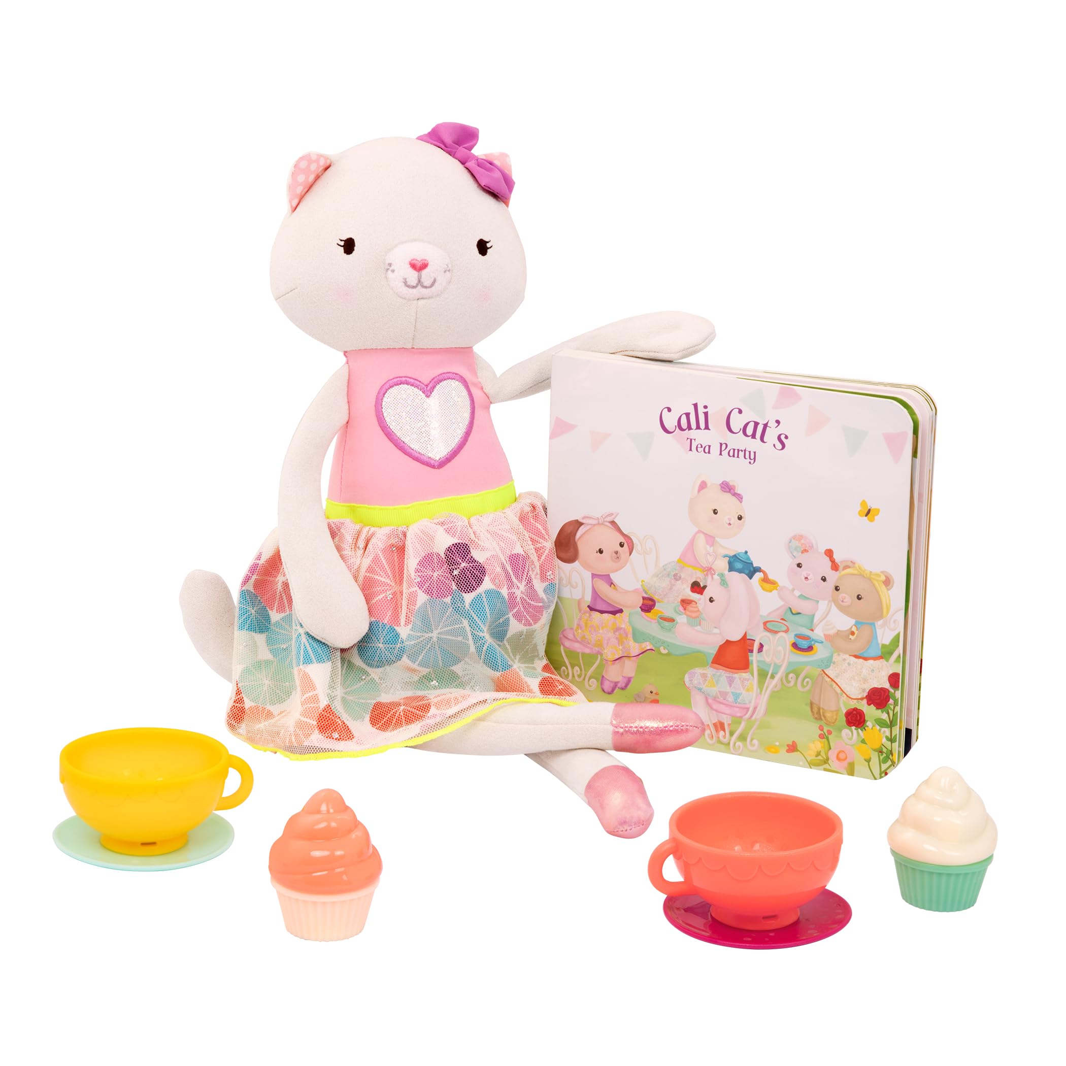 B. toys – Tippy Toes – Cali Cat – Plush Cat Playset – Pretend Play – Tea Party Set – Plush Cat Doll – Board Book – Cups & Play Food – 2+ Years