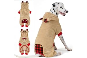 KYEESE Dog Christmas Pajamas with Reindeer Antler Hood, Pet Onesie for Medium Dogs, Plush Red Buffalo Check Soft Warm Dog Pjs, Cozy Winter Sleepwear & Festive Holiday Outfit, XX-Large