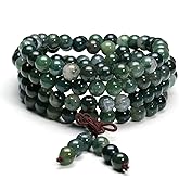 Jovivi 108 Mala Beads Bracelet 6mm 8mm Natural Indian Agate/Green Moss Agate Gemstone Healing Crystal Stone Beaded Bracelet Hand Knotted Prayer Mala Beads Necklace for Yoga Meditation Balance