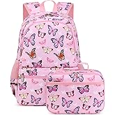 JIANYA Girls Backpack for School Elementary Kids Bookbag School Bag with Lunch Box, Butterfly Pink
