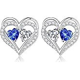 MOOSEA 4MM Heart Moissanite Birthstone Earrings for Women 14K White Gold Plated 925 Sterling Silver Blue Sapphire Earring September Birthstone Jewelry Anniversary Birthday Personals Gifts for Mom
