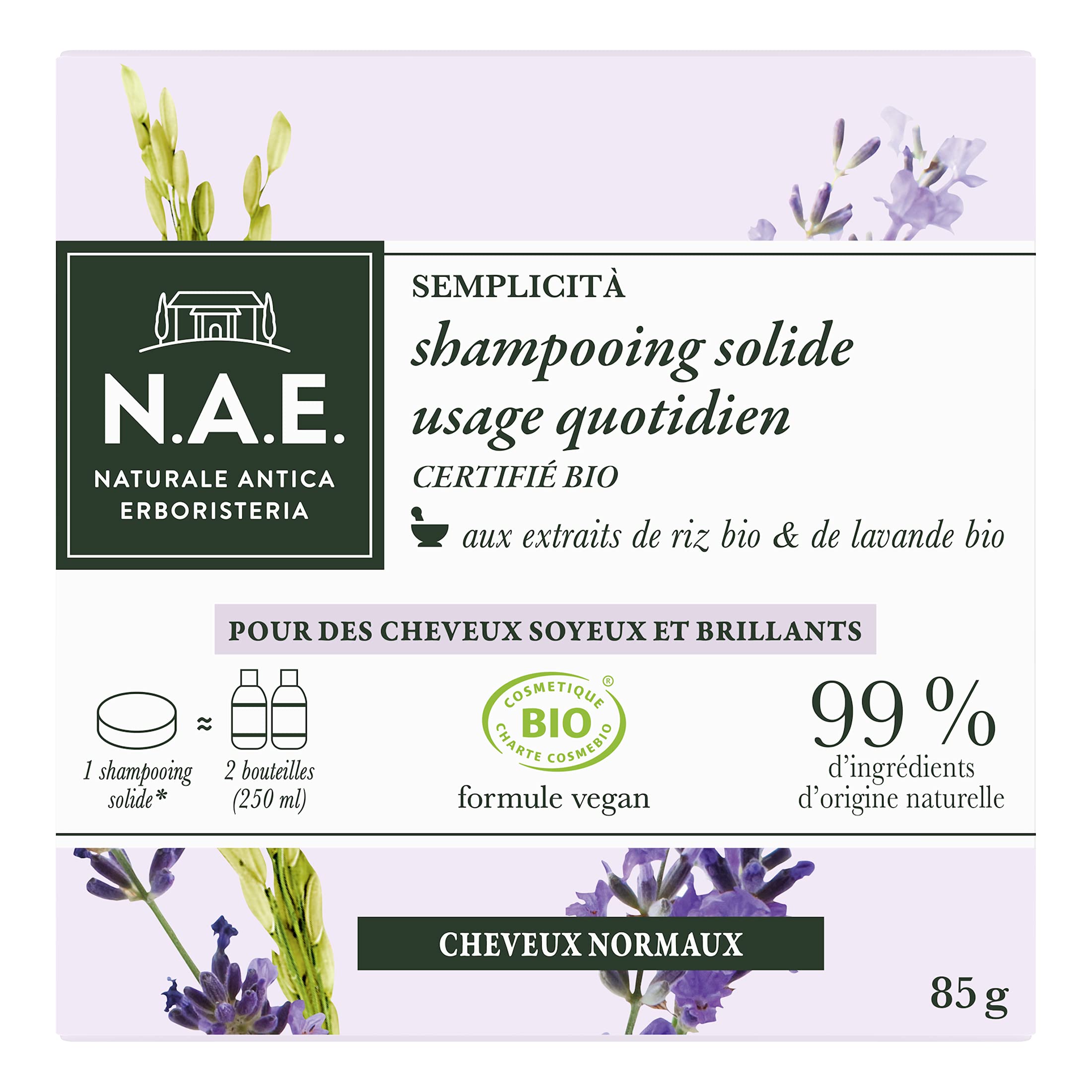 N.A.E. Solid Shampoo - Certified Organic - Daily Use Normal Hair 85 g