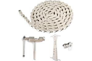 OugeWood Single Speed Bike Chain Repair Kit, Include Bicycle Chains Single Speed Fully Plated 1/2 x 1/8 Inch 114 Links/Chain Breaker/Chains Checker/1 Pairs Bicycle Missing Link，Reusable（Silver）