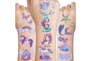 CHARLENT Glitter Unicorn Mermaid Tattoos for Girls - 12 Sheets Glitter Mermaid Unicorn Temporary Tattoos for Girls Birthday Party Favors Goodie Bag Fillers