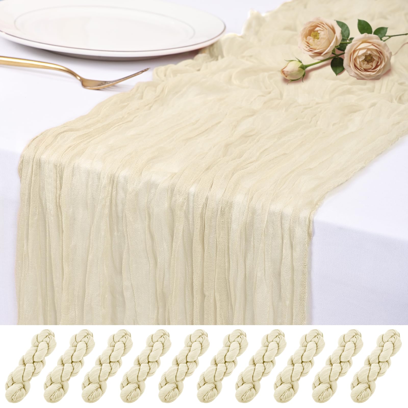 Photo 1 of 10 Pack Ivory Cheesecloth Table Runner 17x108 Inch Semi Sheer Boho Rustic Gauze Cheese Cloth Table Runners for Wedding Party Birthday Baby Shower Home Décor