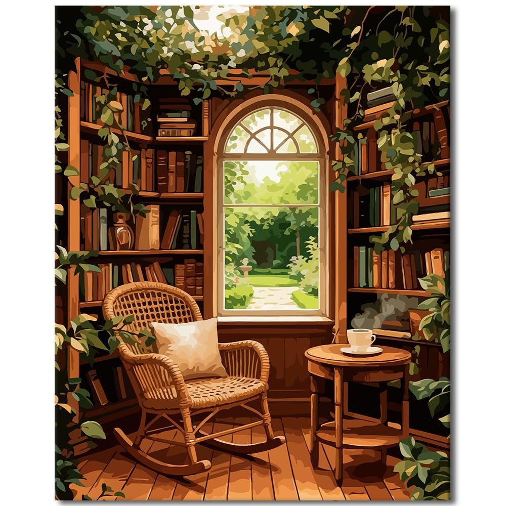 TISHIRON Paint by Numbers Kit for Adults, Paint by Number for Adults Beginner - Library & Greenery Scene with Books and Plants, Premium DIY Art Canvas for Home Decor(16x20 Inch)