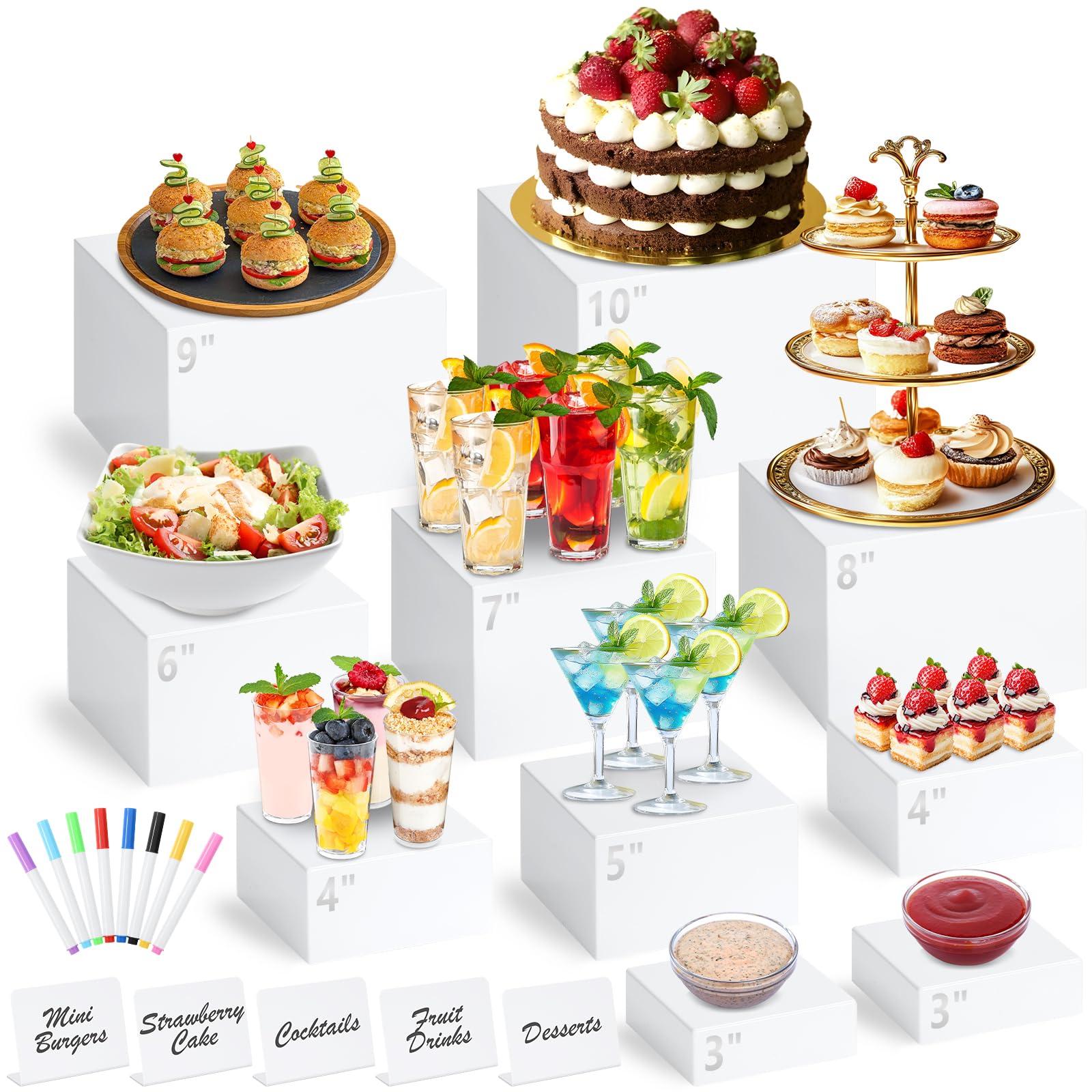 Photo 1 of 10 Pcs White Acrylic Buffet Risers with Mini Sign and Marker, Food Display Stands for Buffet Table Party Catering Dessert Jewelry Collectibles, Acrylic Cube Nesting Boxes with Hollow Bottoms 8 Sizes (10" 9" 8" 7" 6" 5" 4" 4" 3" 3")
