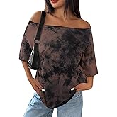 SOFIA'S CHOICE Women's Summer Off The Shoulder Tops Tie Dye Shirts Short Sleeve Oversized Tshirts