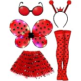 BOARDFEB Ladybug Costume Accessories, Light Up Costumes Ladybug Wings Tutu Skirt Antenna Headband Glasses Striped Knee Thigh High Socks Halloween Costume for Girl Women