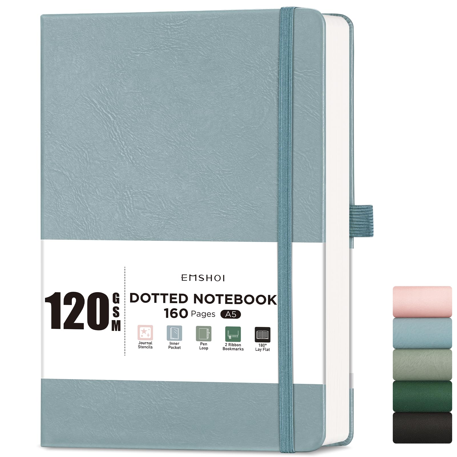 EMSHOI A5 Notebook Dotted Journal - 120gsm Thick Paper, Hardcover Leather Dot Grid Notebook for Bullet Journaling with 160 Pages, Journal Stencils, Inner Pocket, 21 x 14.5 cm, Gray Blue