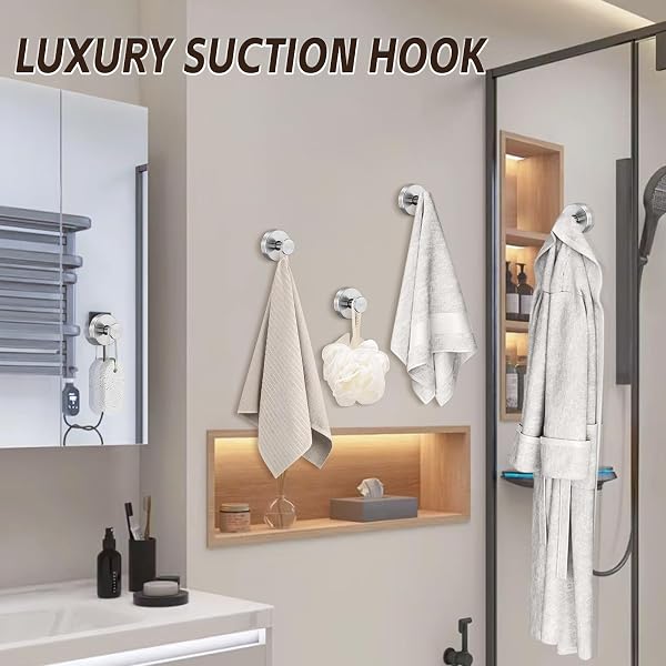 SUPOPULAR REUSABLE HEAVY DUTY SUCTION CUP HOOKS FOR KITCHEN/BATHROOM/SHOWER – WET-PROOF HOOKS FOR TOWELS, ROBES, LOOFAH&WREATHS/NO DRILL MOUNTING ON GLASS, TILE, METAL (2, BRUSHED NICKEL)