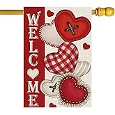 ZAEW Welcome Valentine’s Day Romantic Love Hearts House Flag Big Large Burlap 28X40 Inch Vertical Double Sided Outside Yard Holiday Outdoor Farmhouse Decoration