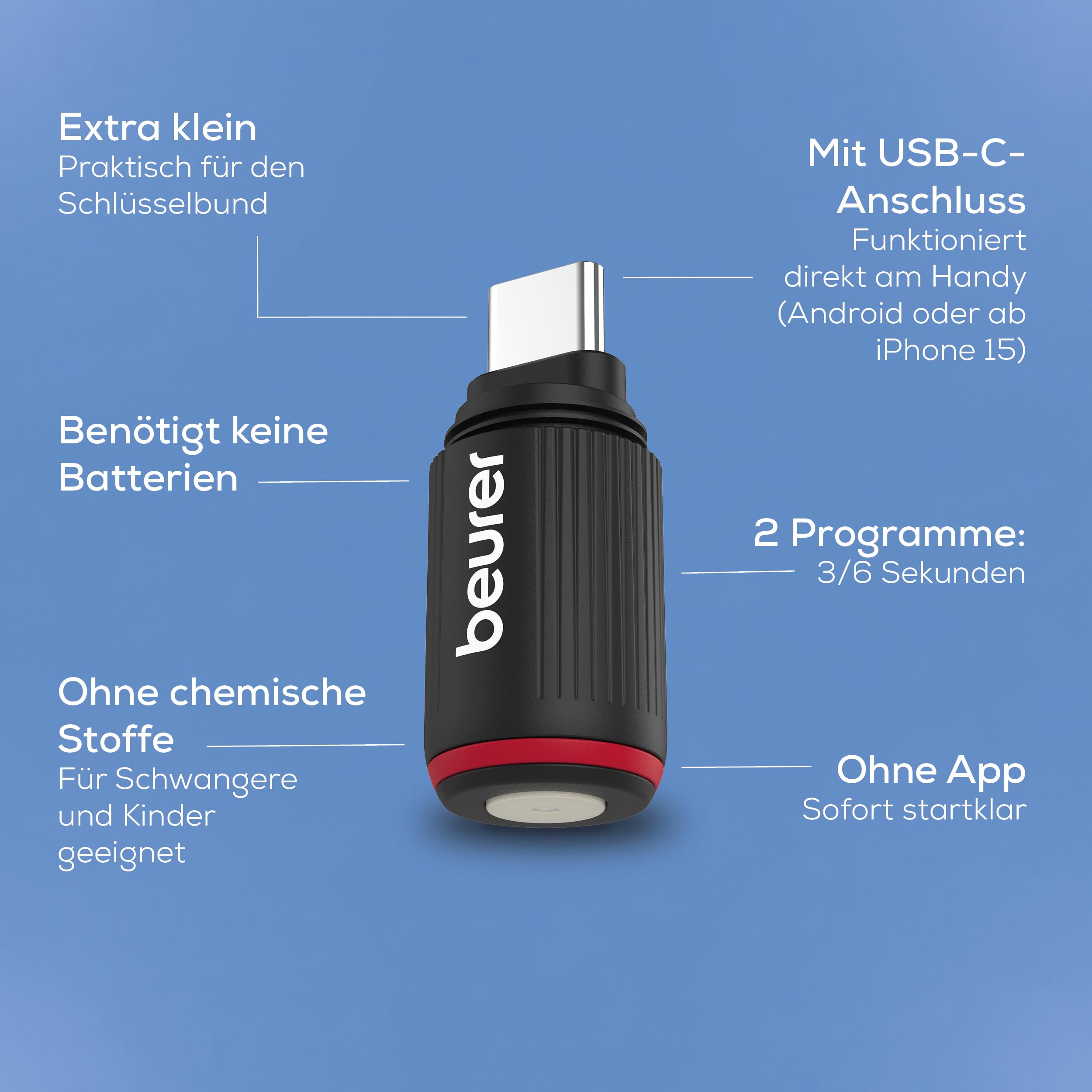 Beurer BiteX Go Deep Black Insektenstichheiler für Smartphone, Mückenstich Hitzestift gegen Juckreiz & Schwellungen durch Wärme, elektrischer Stichheiler Handy für Android & iPhone (USB-C), mit Licht 7
