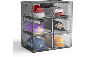 ZHAIXIAONIAN Hat Organizer Box for Baseball Caps, 6 Pack Plastic Hat Storage Display Case with Magnetic Door, Hat Holder Rack for Closet, Snapback Organizer, Hold 8 Caps Each, Black