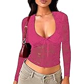 Falechay Women's Lace Long Sleeve Shirt Low Cut Y2K Slim Fit Top Bow Sexy Going Out Club Concert Clothes