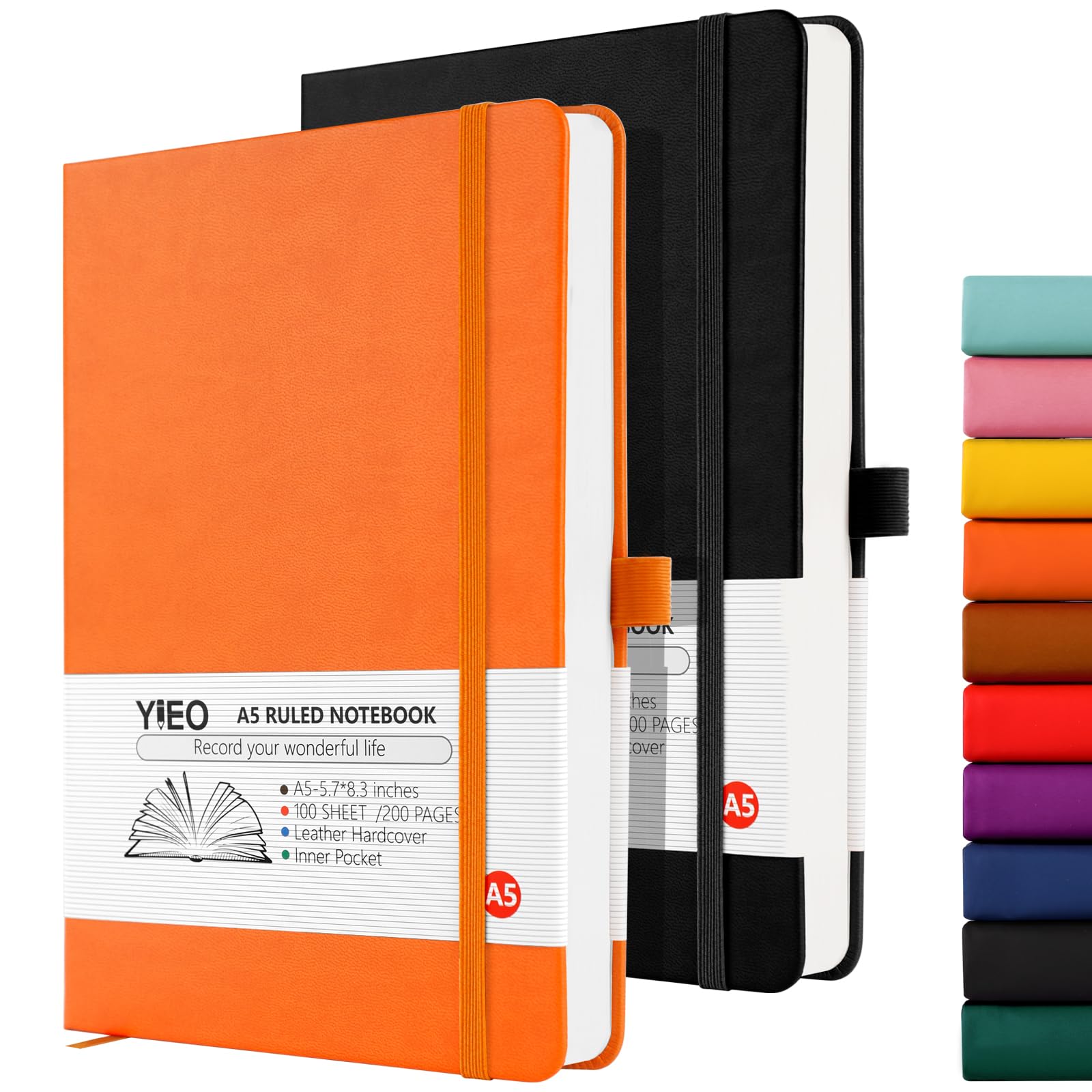YIEO Notebook A5, 2 Pack Hardback Journal Notebook with 398 Lined Pages 80 GSM Leather Notepad with Bookmark, Pen Loop and Expandable Paper Pocket, for Office School Supplies (Black+Orange)