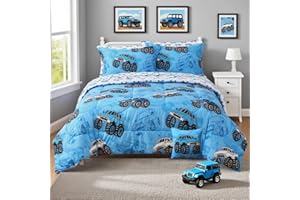 Mooreeke Kids Twin Comforter Sets for Boys 6 Pieces Truck Blue Bedding Set for Teens Soft Microfiber Kids Bed in A Bag with C
