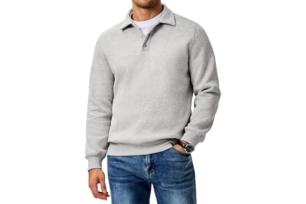 JMIERR Men's Polo Collared Sweatshirts Fleece Pullovers | Casual, Long Sleeve, Basic, Cotton, Regular fit, Button, Fall, Soli