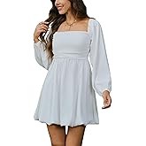 HYPERFIRE Women's Square Neck Long Sleeve Bubble Mini Dress Pleated Smocked A Line Wedding Dresses