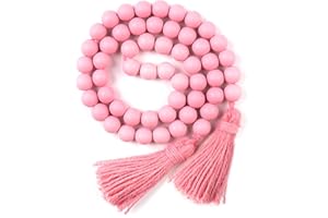 RAMIRABI Valentine's Day Wood Beads Garland with Tassels, Valentine's Day Decorations for Home, Farmhouse Beads Rustic Prayer Beads Boho Beads(Pink)