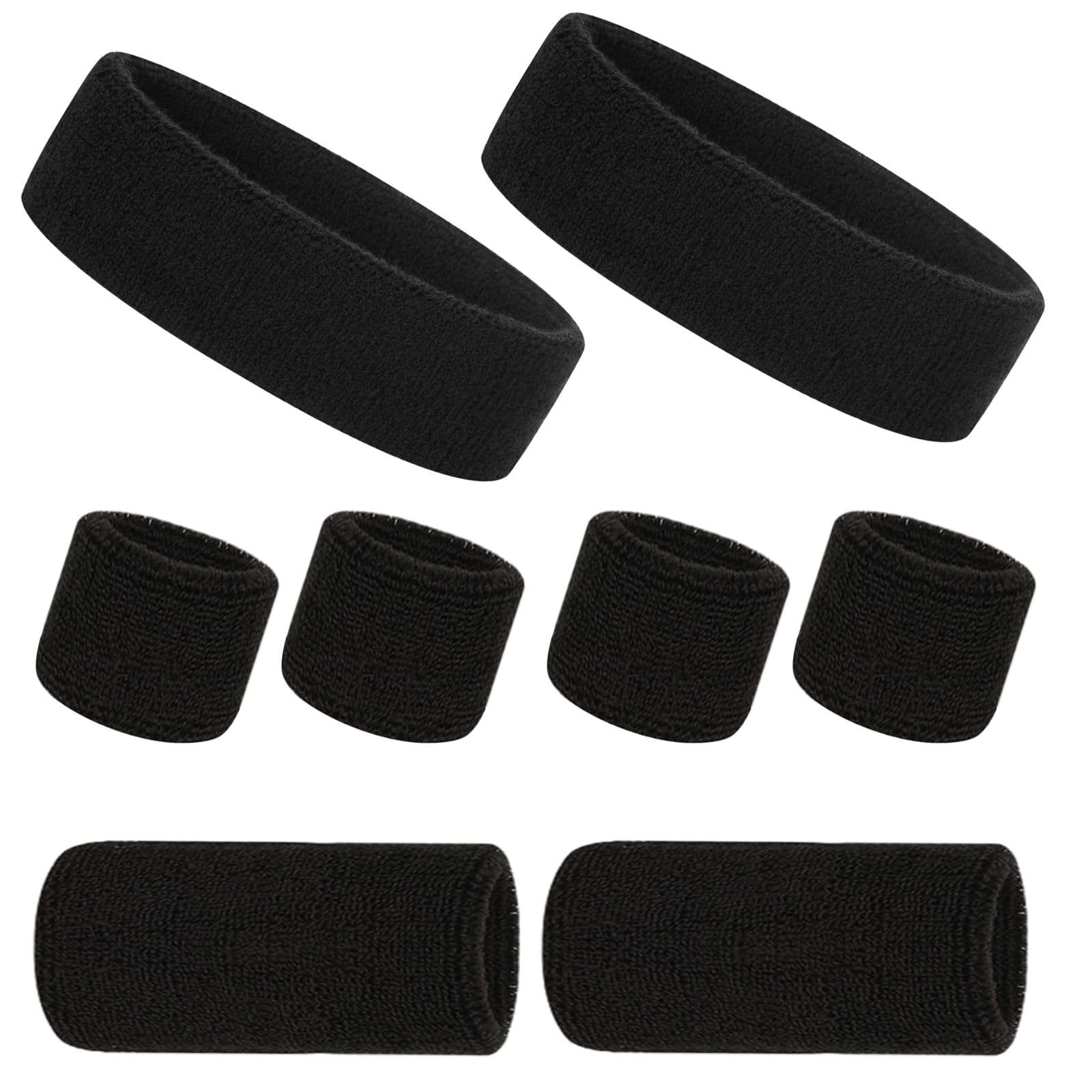 8PCS Sweatband Set, Black 2 x Sport Headbands and 6 x Wristbands, Elastic Wrist Sweat Bands for Men Women Kids for Gym Exercise Tennis Basketball Football Running Moisture Wicking