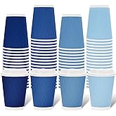 Whaline 100Pcs Winter Dusty Blue Disposable Coffee Cups with Lids 12oz Gradient Blue Paper Cups Corrugated Ripple Wall Insulated Hot Cups for Home Office Party Supplies