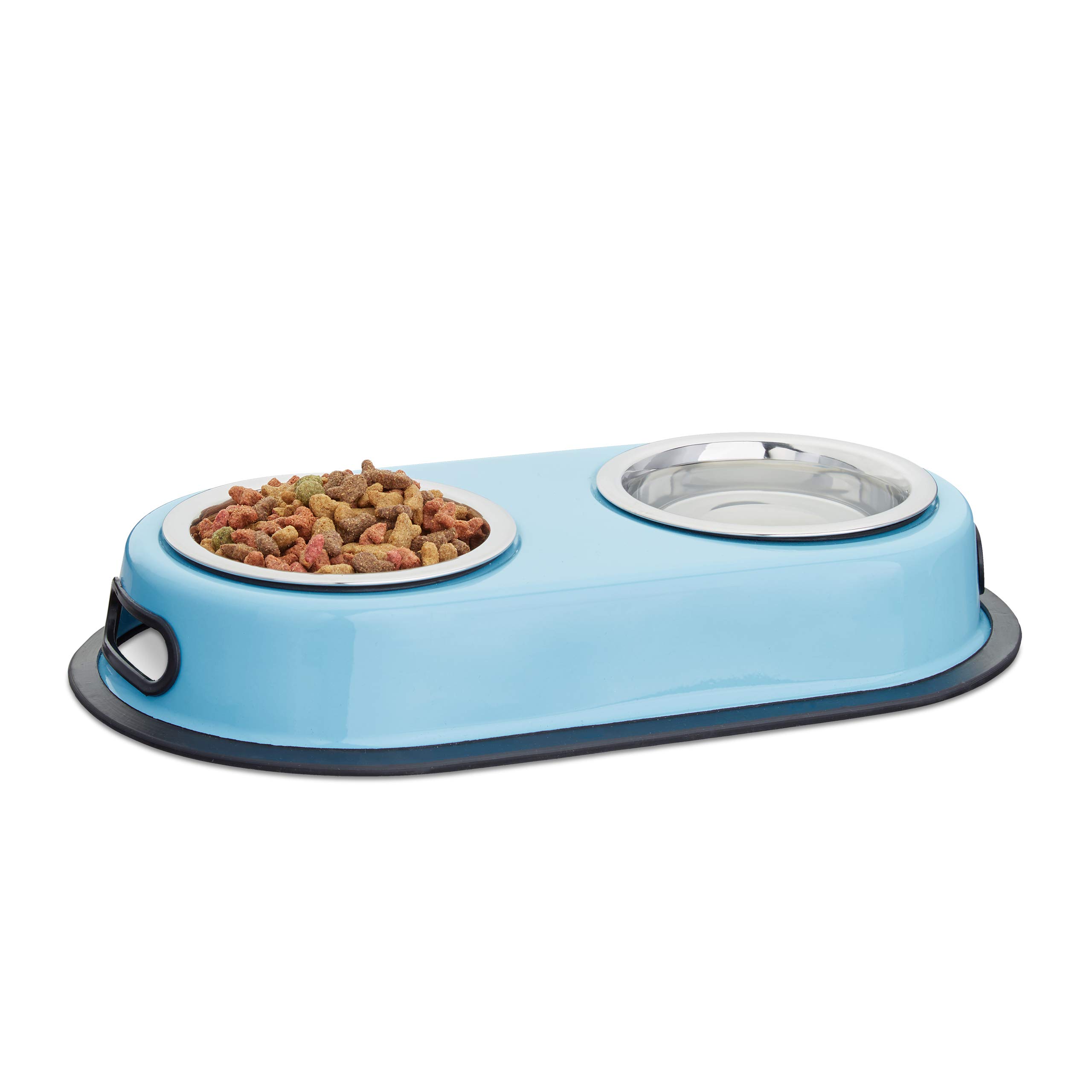 Relaxdays Stainless Steel Feeding Bowls, Dishes for Cats & Small Dogs, 2 Bowls w/ Stand, HxWxD: 5.5 x 33 x 18 cm, Blue