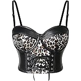 Charmian Women's Steampunk Goth PU Leather Leopard Clubwear Bustier Crop Top Bra