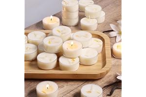 LAMORGIFT Vanilla Scented Tealight Candles, 48 Pack- Extended 4-5h Clear Cup Scented Tea Lights with Handmade Floral Surface, 100% Natural Palm Wax Tealights Smokeless for Home Cozy Night, Holidays