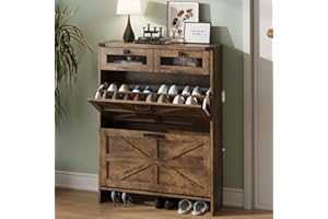 Halitaa Shoe Cabinet with 2 Flip Drawers& 2 Drawers,Farmhouse Shoe Storage Cabinet for entryway,Narrow Freestanding Shoe Rack Cabinet for Entrance,Brown