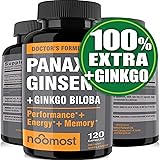 Authentic Korean Red Panax Ginseng + Ginkgo Biloba, 120 Vegan Capsules, Ginseng Root Extract Powder 1000mg (10% Ginsenosides)