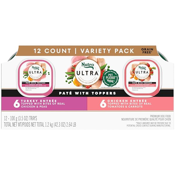 NUTRO ULTRA WET DOG FOOD PATE WITH TOPPERS CHICKEN & TURKEY ENTREE VARIETY PACK, 3.5 OZ. TRAYS (12 COUNT, PACK OF 1)