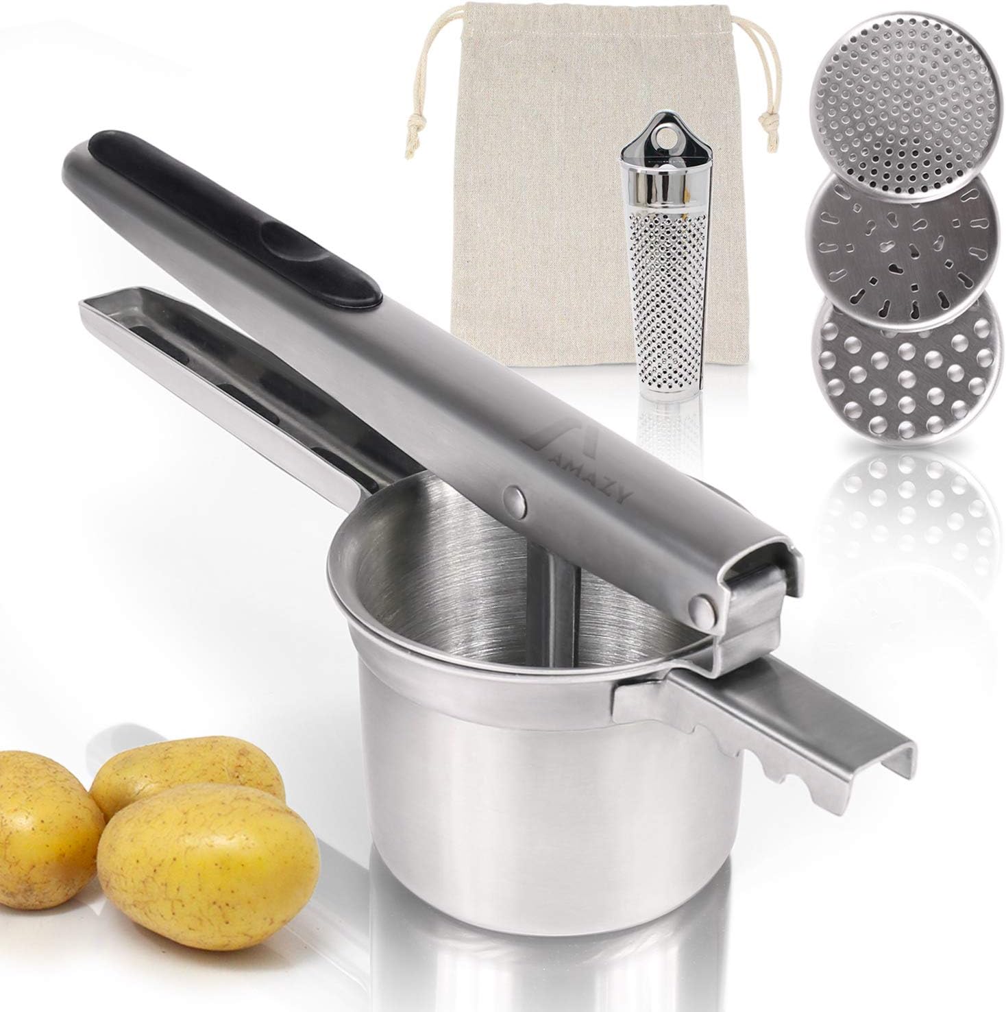 Amazy Potato Ricer incl. 3 Strainer Inserts and Potato Bag- Dishwasher Safe, Stainless Steel Potato Press for Mashed Potatoes, Dumplings, Gnocchi & more