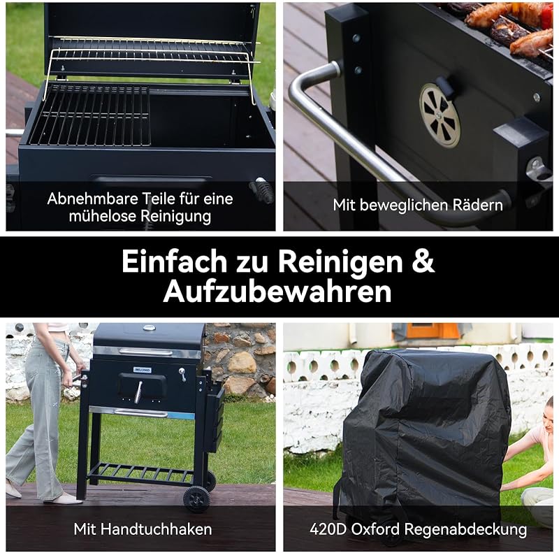 Holzkohlegrill, Grill mit Deckel, Grillfläche: 56×42.5 cm, Höhenverstellbare Kohlenwanne, Faltbarer Seitentisch, Mit Grillabdeckungen Wasserfest