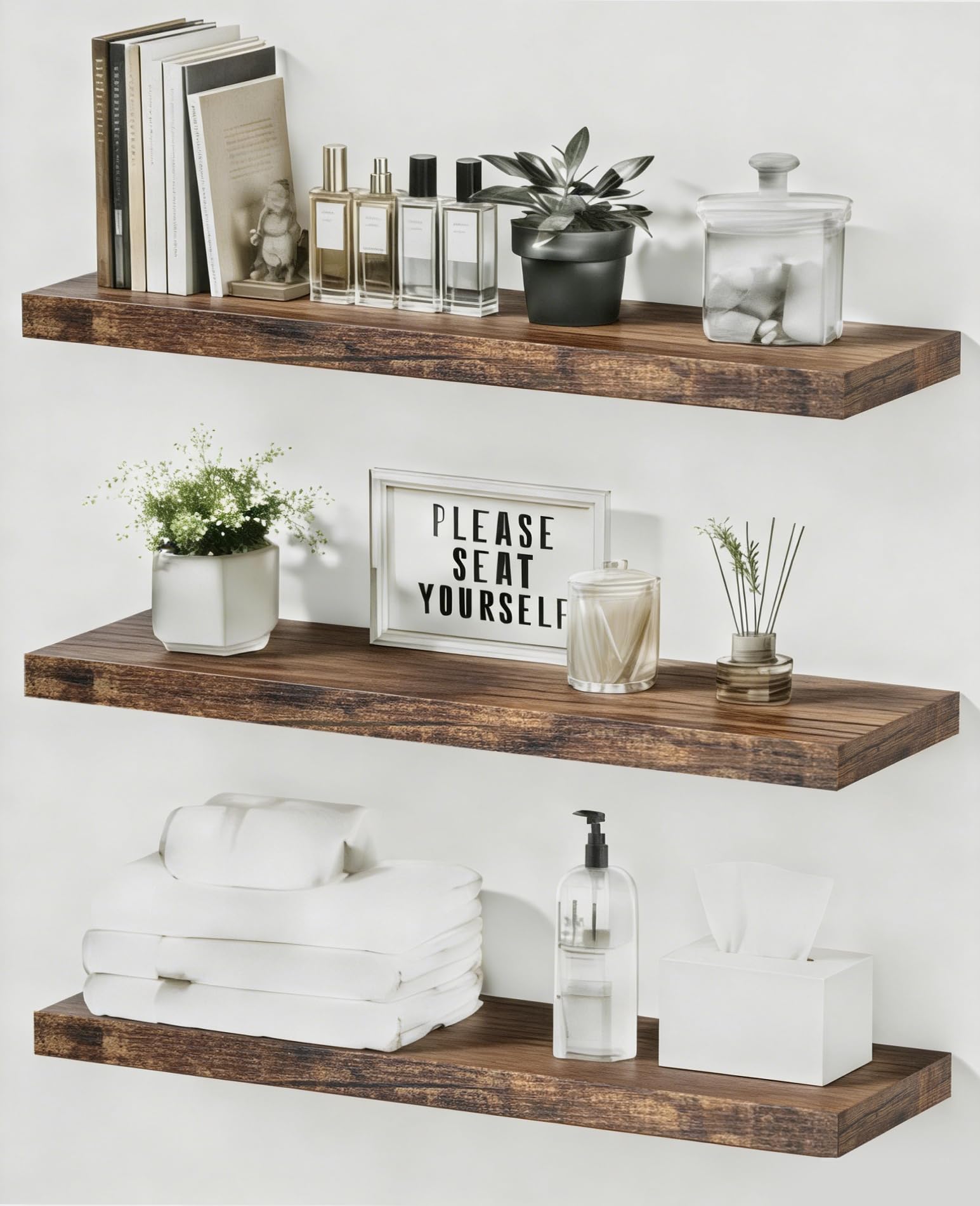 Photo 1 of Duvique Floating Shelves Set of 3, 15.7 Inch Wooden Wall Mounted Picture Ledge Shelf, Save Storage for Home Decor and Storage in Bedroom, Living Room, Bathroom, Kitchen, Vintage Brown