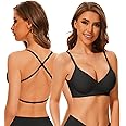 BOUFOR Deep V Neck Backless Bras for Women Padded Bralette Push Up Seamless Wire-Free Low Back Bra Convertible Straps