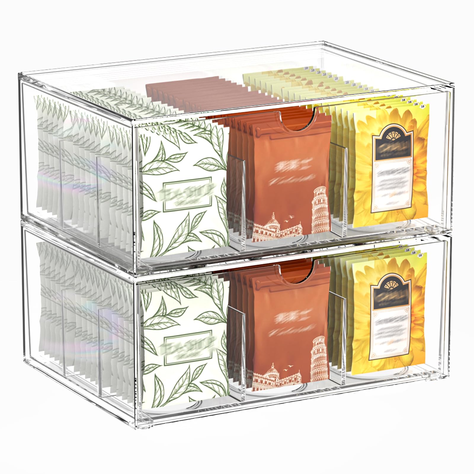 Photo 1 of 2 Pack Clear Tea Bag Organizer, Stackable Drawer Organizer with Dividers for Pantry Bathroom Vanity Kitchen - Cabinet Countertop Shelf Plastic Storage Bins for Coffee/Makeup/Cosmetic/Crafts/Underwear