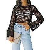 Womens Fishnet Crochet Crop Top Sexy Long Sleeve See Through Hollow Out Mesh Bikini Cover Ups