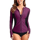 SANTINY Women's Rash Guard Zipper Pockets UPF50+ Sun Protection Long Sleeve Swimsuit Top Zip Front Swim Shirt for Women