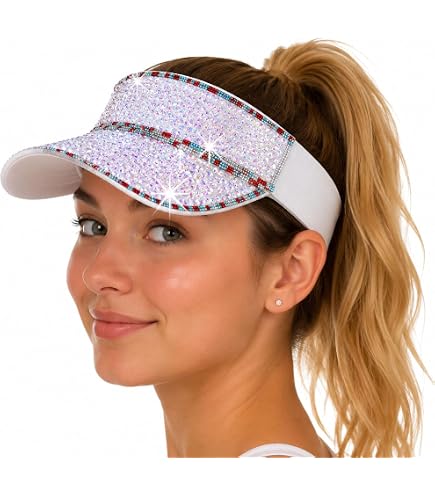 ?Women\'s White Sun Shiny Rhinestones Clip On Visor Adjustable Bling Hats Sun Visors Hats Women Shiny Rhinestones Men Clip On Visor  main image 4