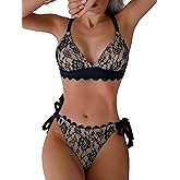 WODECASA Women's V Neck Triangle Bikini Sets Scalloped Trim Lace Two Piece Swimsuit Tie Side High Cut Thong Bathing Suit