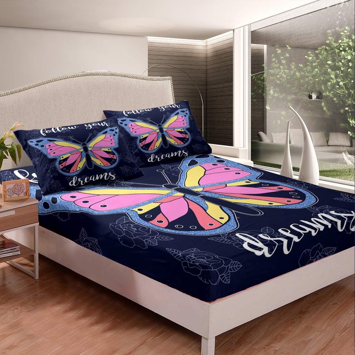 Colorful Butterfly Fitted Sheet Set Twin XL Butterfly Navy