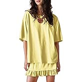 Esmeling Women Summer 2 Piece Skirt Sets Round Neck Short Sleeve Outfits Casual Tops and Pleated Skirts Sets