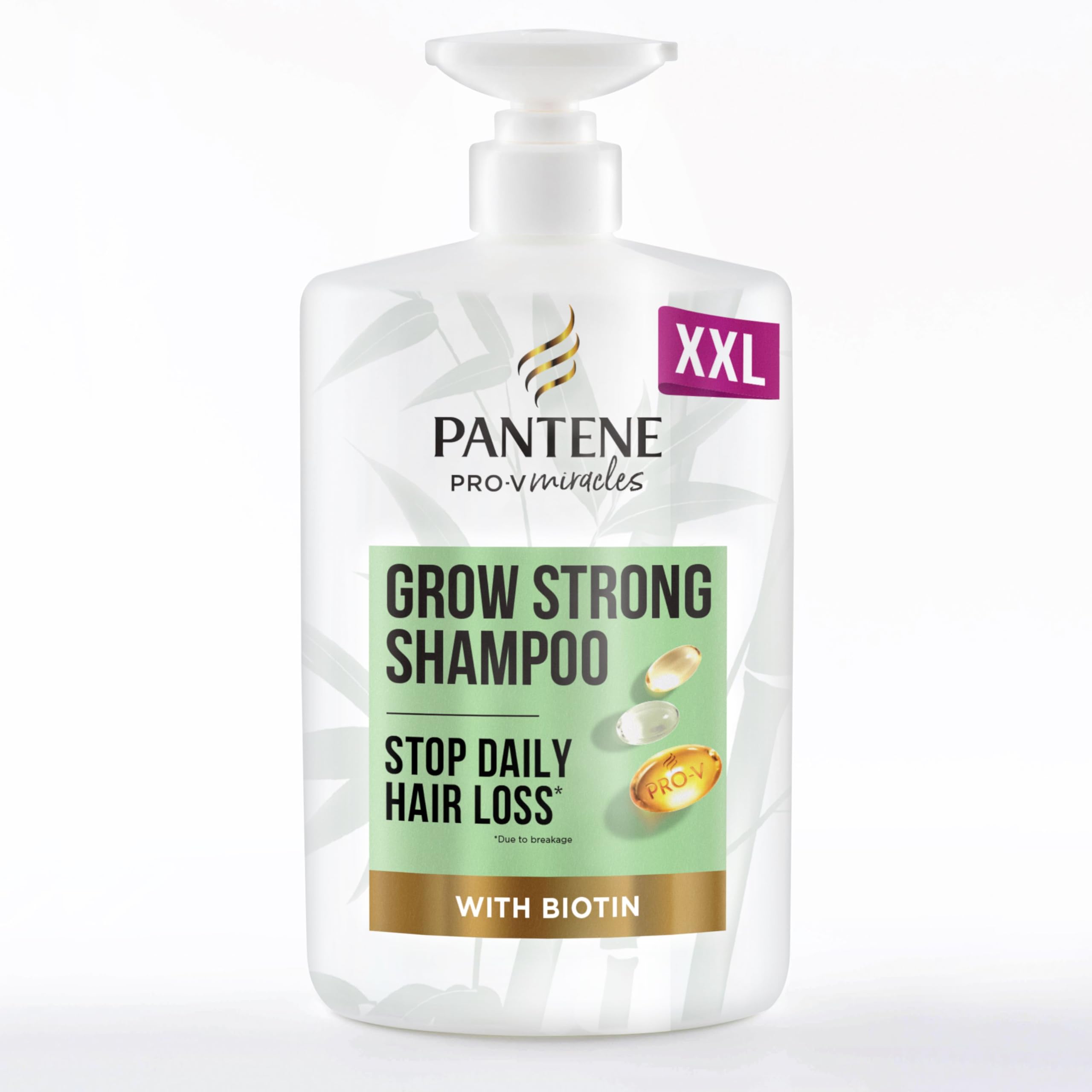 Pantene Grow Strong Shampoo with Biotin & Protein Strengthener 1L XXL pump. Helps Reduce Hair Loss Due to Breakage for Hair that Grows Long & Strong. For Dry Damaged Hair, helps promote hair growth.