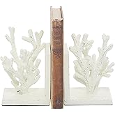 Deco 79 Metal Coral Decorative Bookends Non Skid Bookends, Set of 2 Office Bookends5"W, 7"H, White