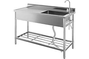 47"X20"x37" Stainless Steel Utility Sink, Freestanding Single Bowl Kitchen Sink, Pull-Out Hot & Cold Faucet, Built-in Drain B